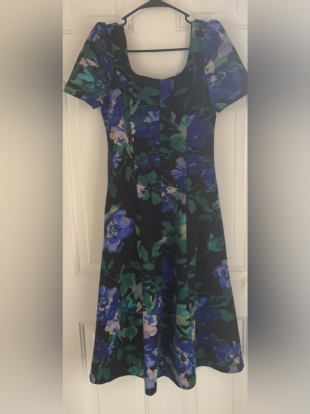 Donna Ricco Black Fit-and-Flare Dress with Blue & Green Floral Print